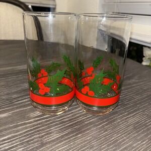 VTG Libbey Poinsettia Christmas Holly Berry Tumbler Drinking Glasses Set 2